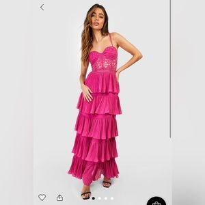 Boohoo Lace Corset Pleated Maxi Dress Hot Pink - Size 10